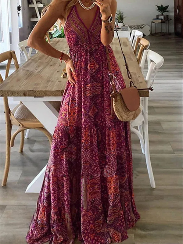 Bohemian Maxi Dress with Paisley Print and Halter Neckline