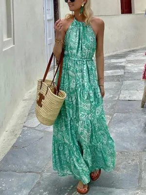 Bohemian Maxi Dress with Paisley Print and Halter Neckline