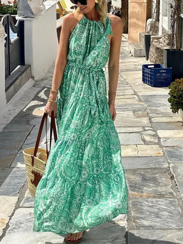 Bohemian Maxi Dress with Paisley Print and Halter Neckline