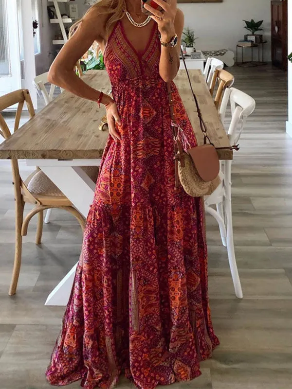 Bohemian Maxi Dress with Paisley Print and Halter Neckline