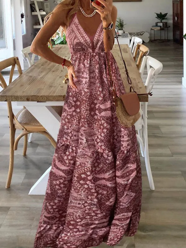Bohemian Maxi Dress with Paisley Print and Halter Neckline
