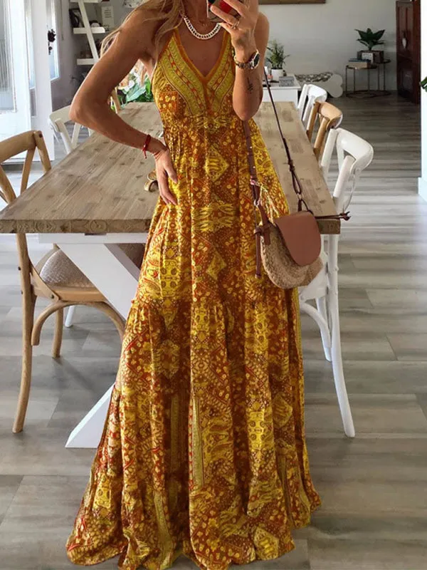 Bohemian Maxi Dress with Paisley Print and Halter Neckline