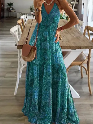 Bohemian Maxi Dress with Paisley Print and Halter Neckline