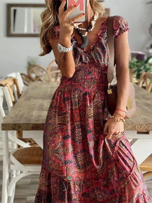 Bohemian Maxi Dress with Paisley Print and Smocked Waist