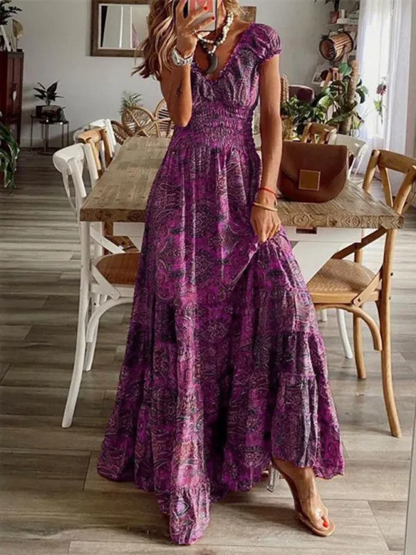 Bohemian Maxi Dress with Paisley Print and Smocked Waist