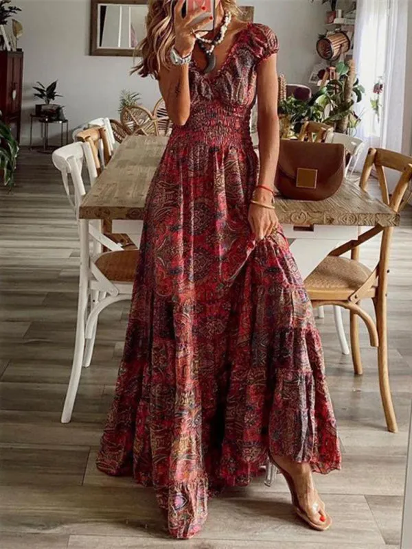 Bohemian Maxi Dress with Paisley Print and Smocked Waist
