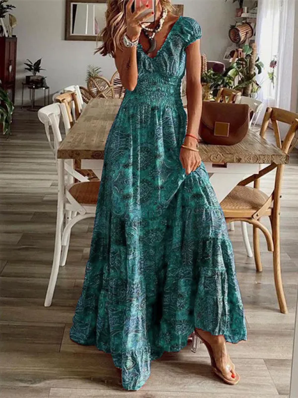 Bohemian Maxi Dress with Paisley Print and Smocked Waist