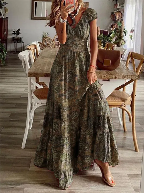 Bohemian Maxi Dress with Paisley Print and Smocked Waist