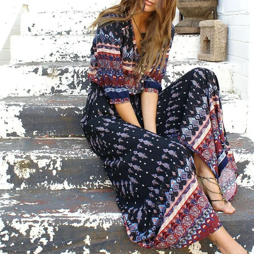 Bohemian Print Dress Beach Skirt V-neck 1/2 Sleeves Plus Size Boho Floral Dresses