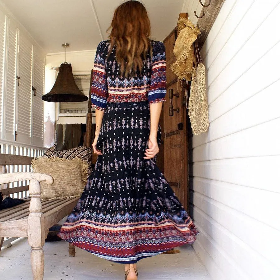 Bohemian Print Dress Beach Skirt V-neck 1/2 Sleeves Plus Size Boho Floral Dresses