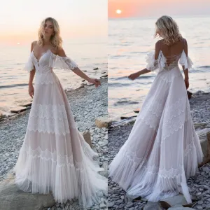 Bohemian Sexy Backless Wedding Dress With Off Shoulder Lace Appliques Sleeves