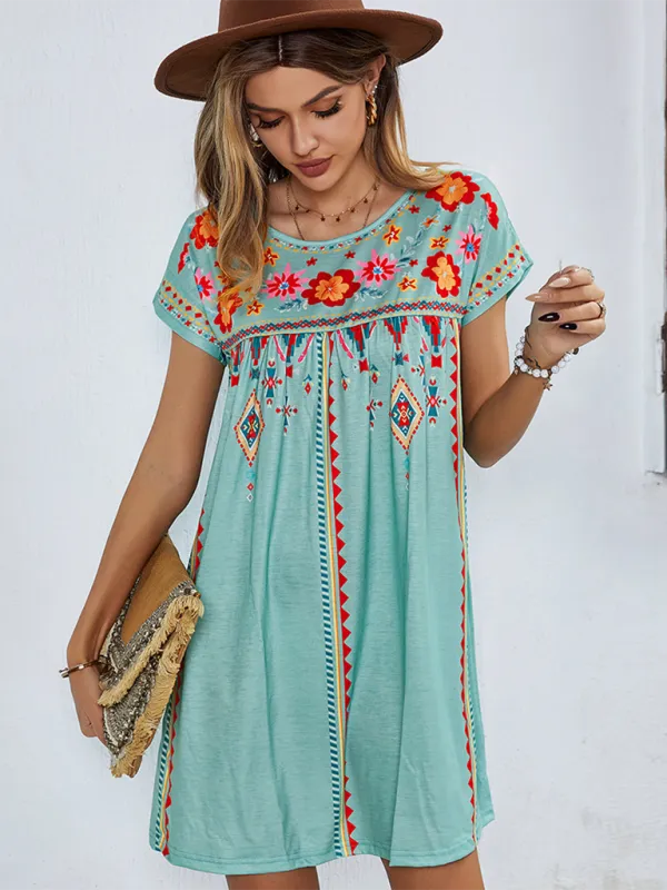 Bohemian Short Dress with Floral Geometric Print and Embroidery