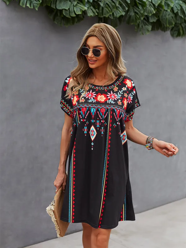 Bohemian Short Dress with Floral Geometric Print and Embroidery