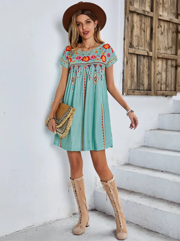 Bohemian Short Dress with Floral Geometric Print and Embroidery