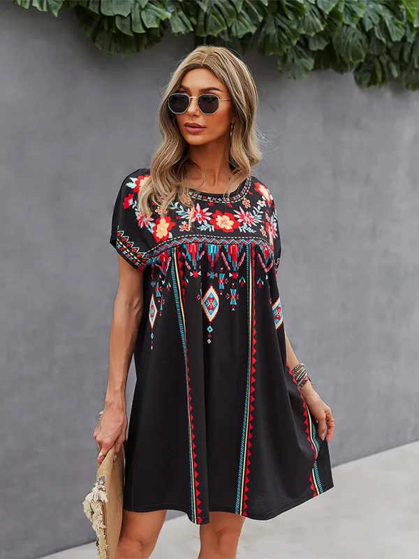 Bohemian Short Dress with Floral Geometric Print and Embroidery