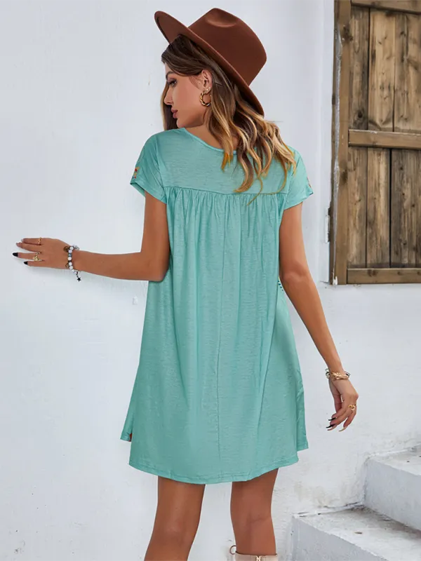 Bohemian Short Dress with Floral Geometric Print and Embroidery