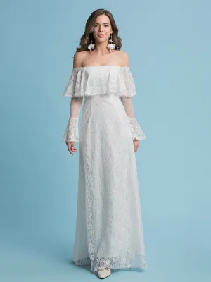 Boho A-Line Wedding Dresses Off Shoulder Court Train Lace Regular Straps Floor Length