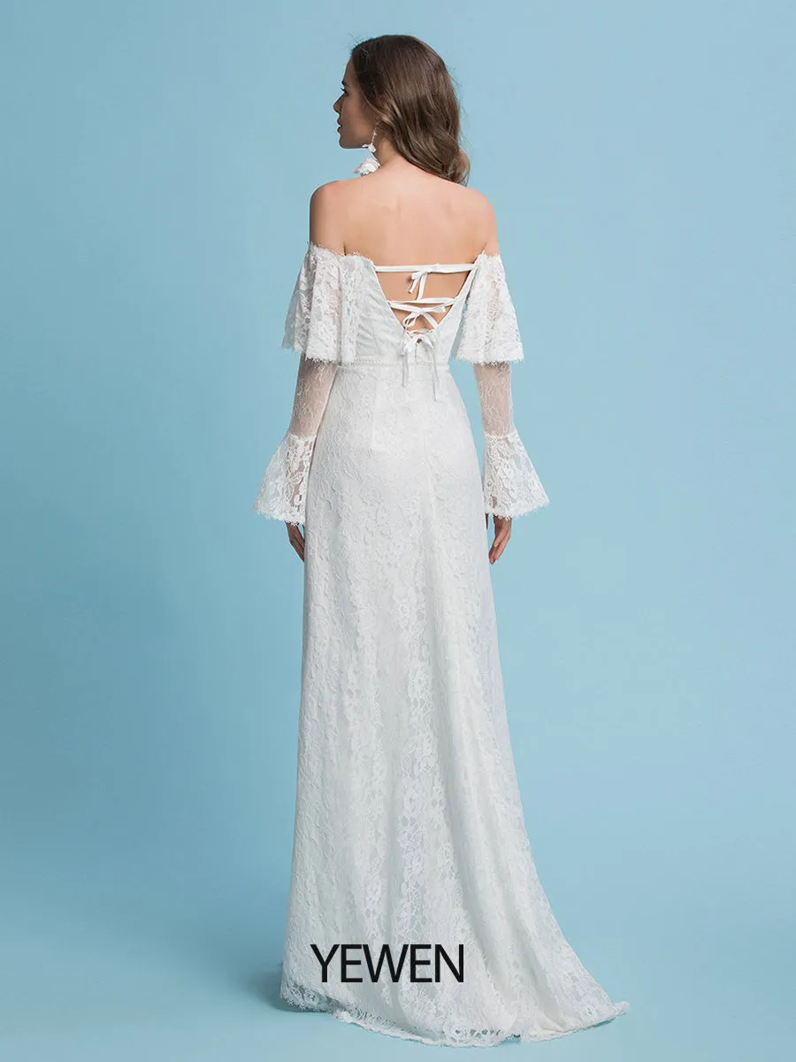 Boho A-Line Wedding Dresses Off Shoulder Court Train Lace Regular Straps Floor Length