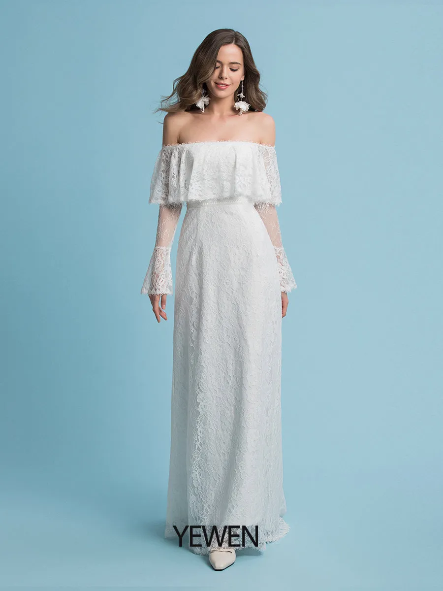 Boho A-Line Wedding Dresses Off Shoulder Court Train Lace Regular Straps Floor Length