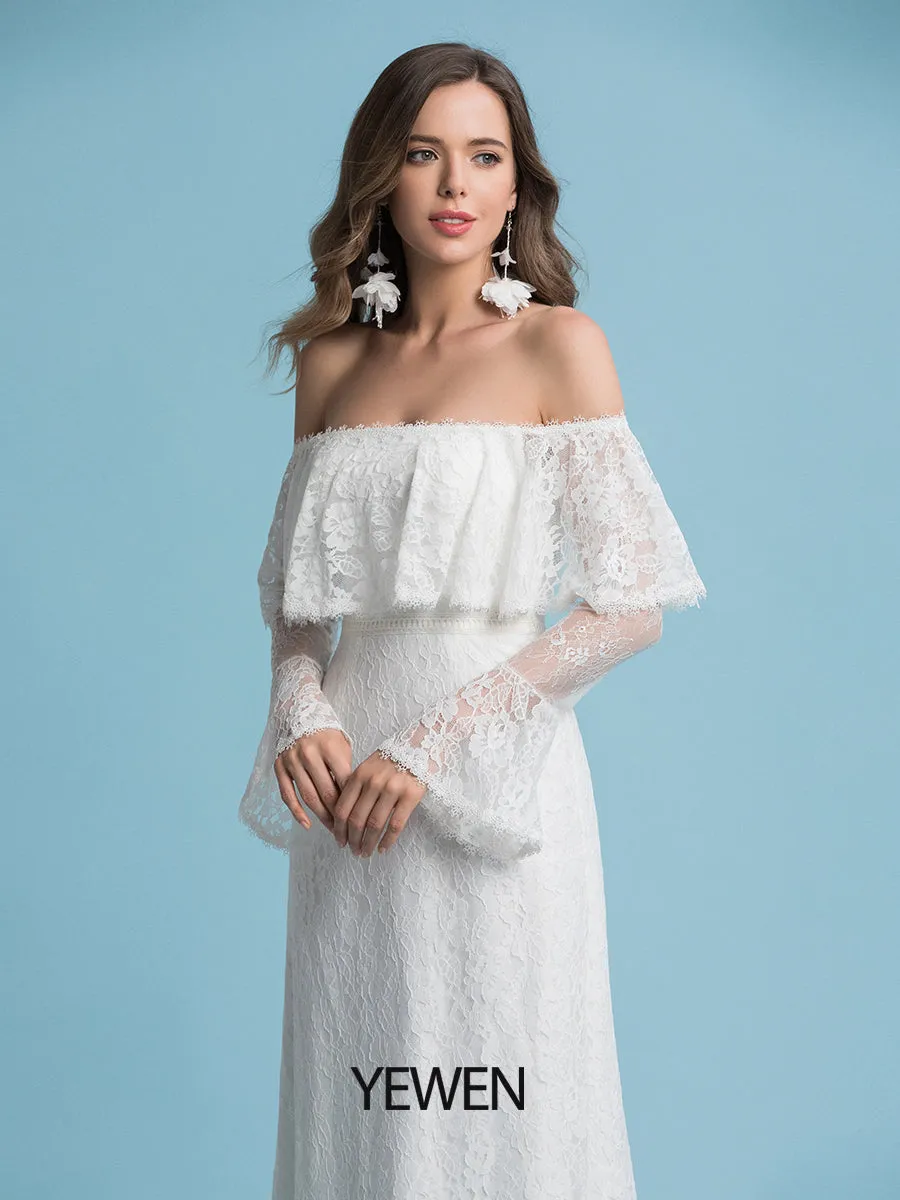 Boho A-Line Wedding Dresses Off Shoulder Court Train Lace Regular Straps Floor Length