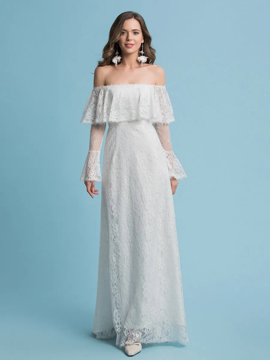 Boho A-Line Wedding Dresses Off Shoulder Court Train Lace Regular Straps Floor Length