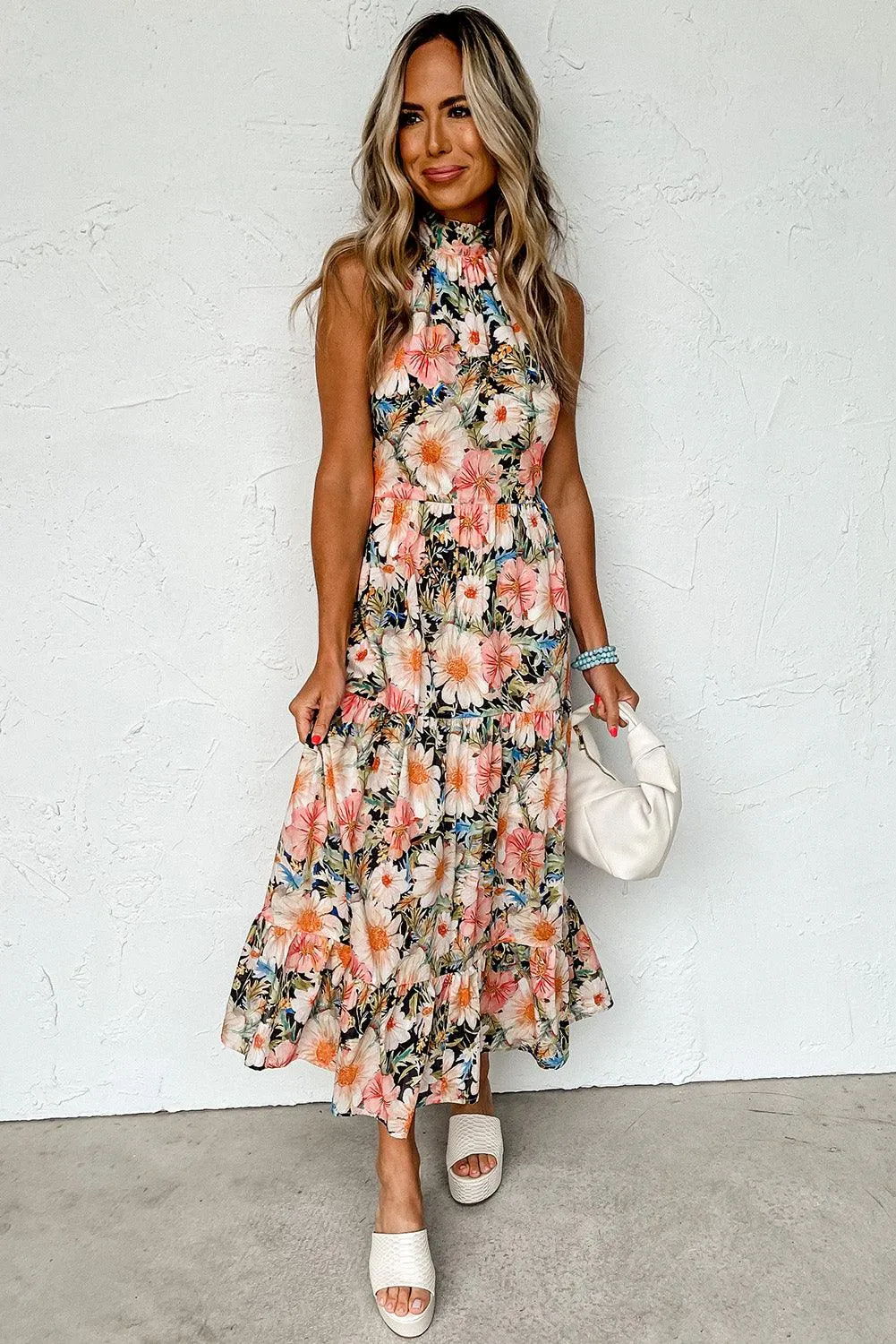 Boho Floral Knotted Halter Ruffle Maxi Dress