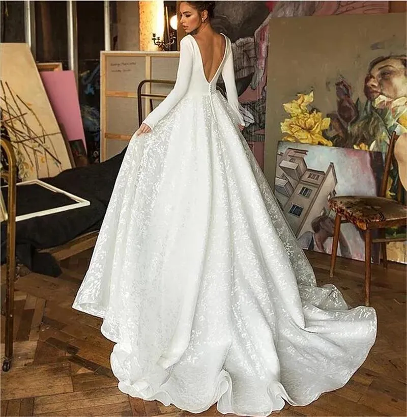 Boho Lace Wedding Dresses Long Sleeve V-neck Boho Bridal Gowns