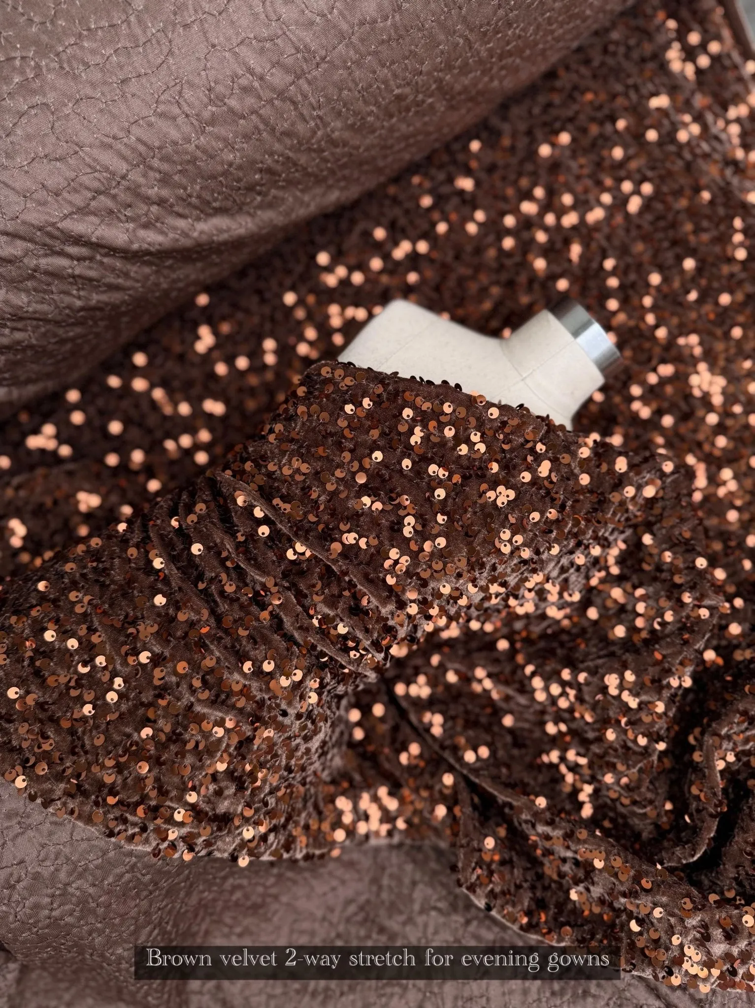 Brown Sequins on Stretch Brown Velvet Fabric