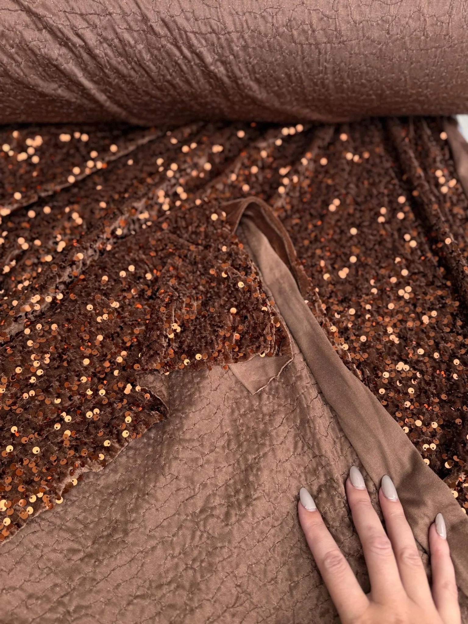 Brown Sequins on Stretch Brown Velvet Fabric