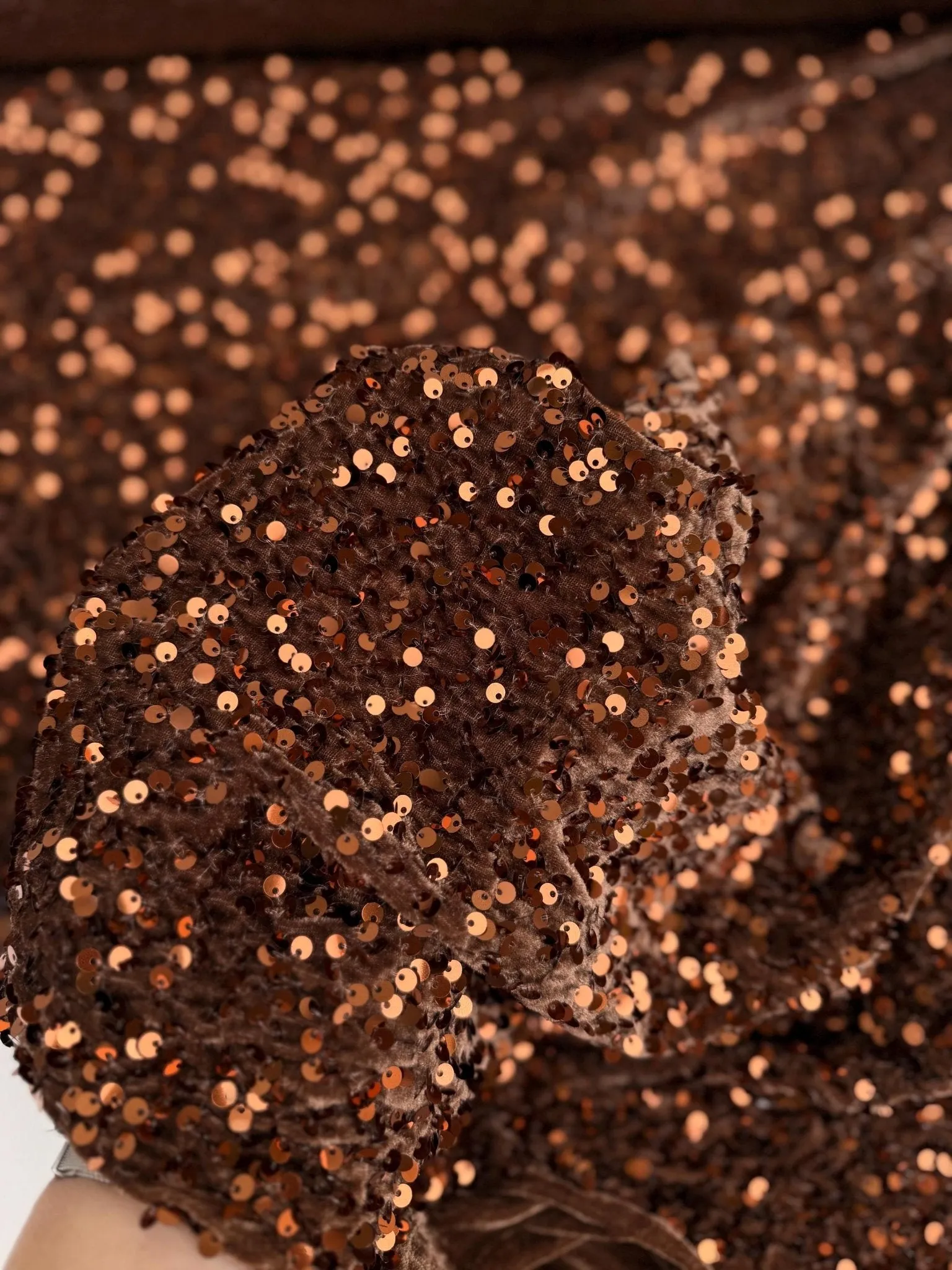 Brown Sequins on Stretch Brown Velvet Fabric