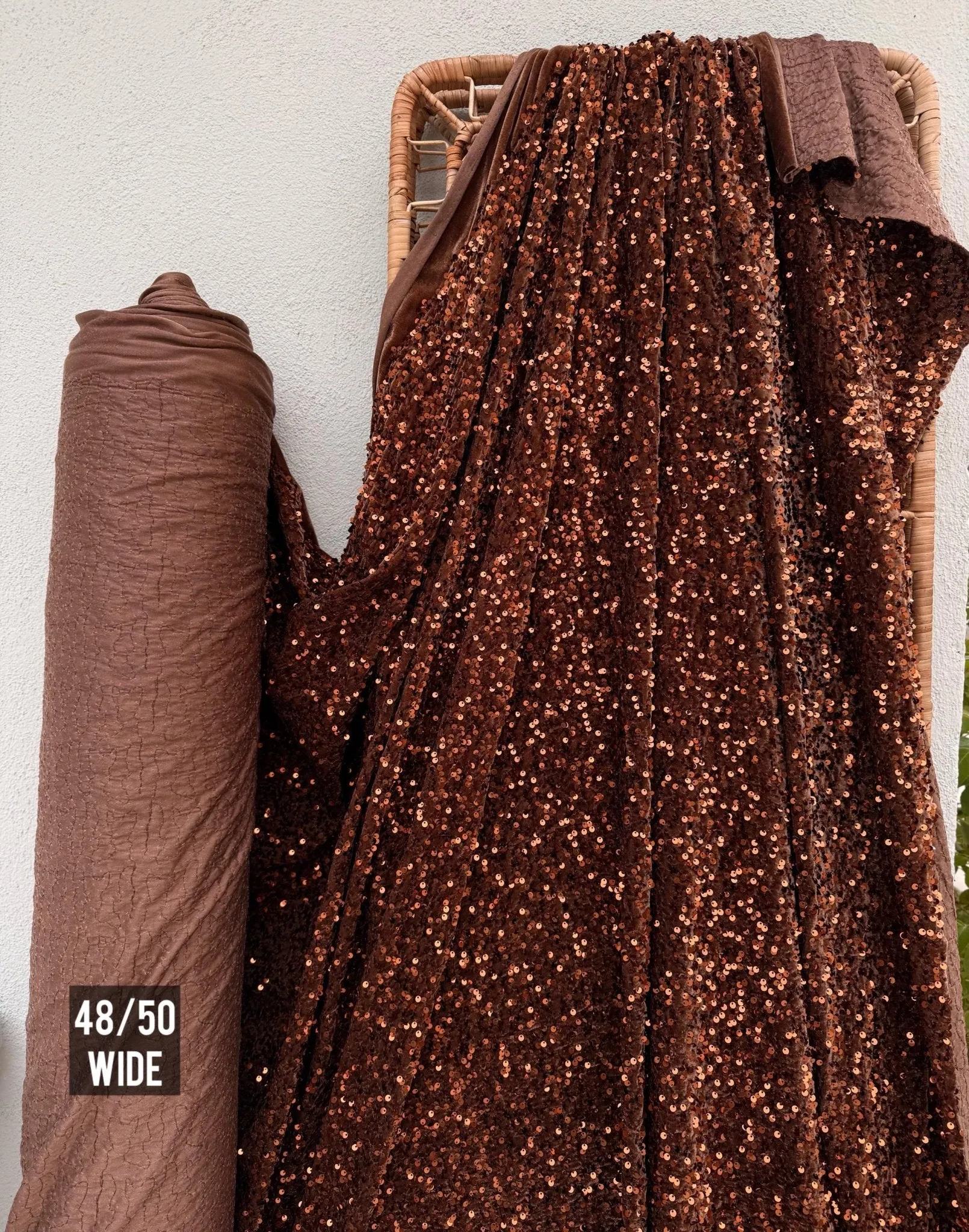 Brown Sequins on Stretch Brown Velvet Fabric