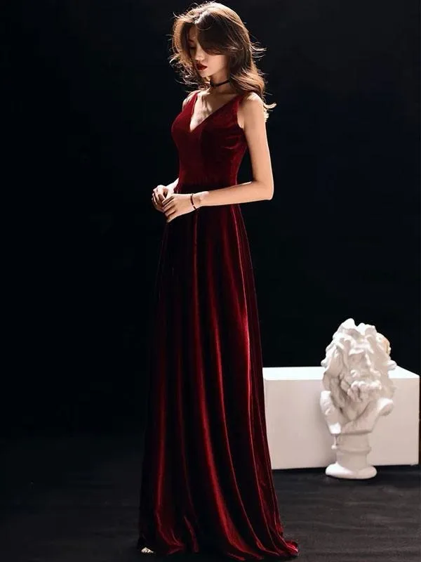 Burgundy Evening Dresses Straps V Neck Velvet Sleeveless Long Prom Dress