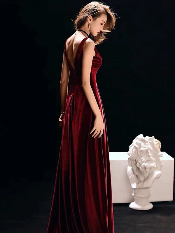 Burgundy Evening Dresses Straps V Neck Velvet Sleeveless Long Prom Dress