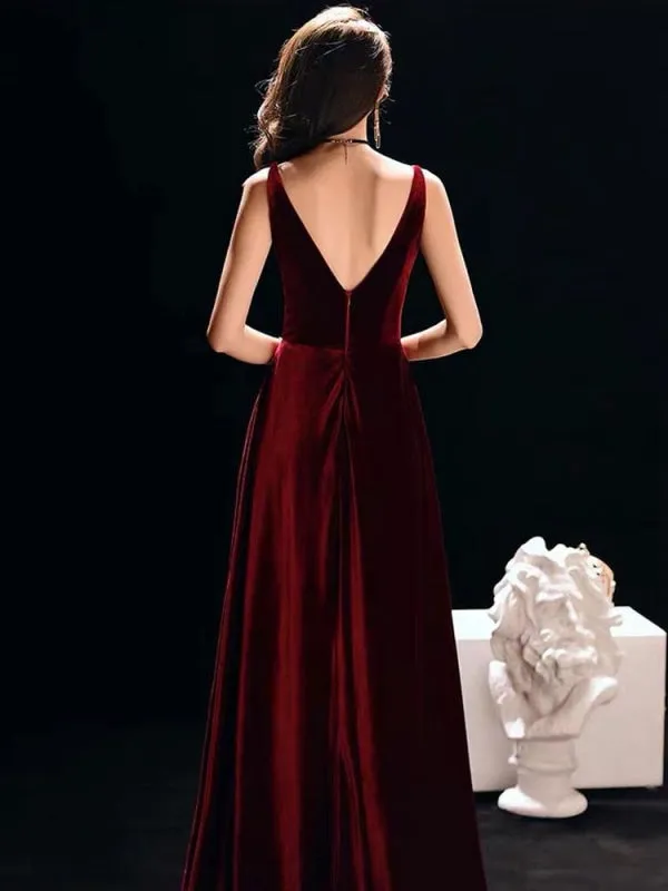 Burgundy Evening Dresses Straps V Neck Velvet Sleeveless Long Prom Dress
