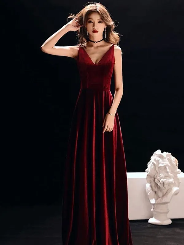 Burgundy Evening Dresses Straps V Neck Velvet Sleeveless Long Prom Dress