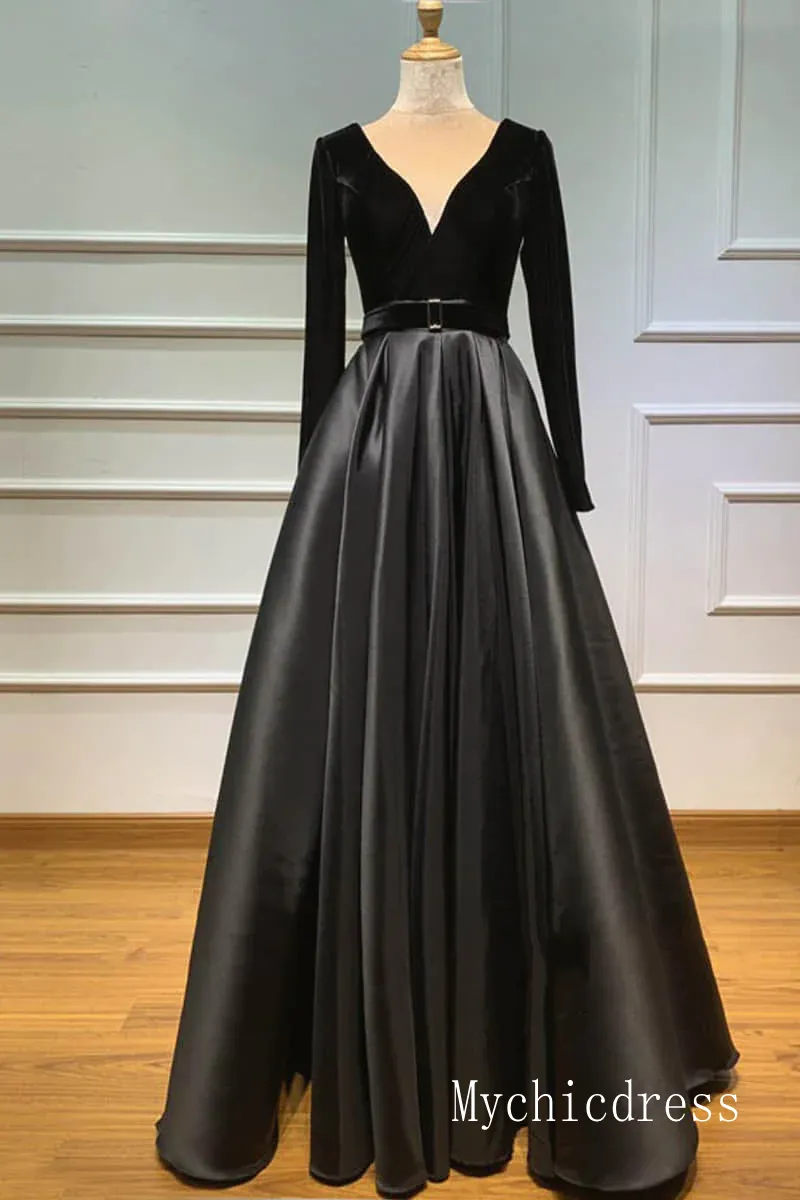 Burgundy Long Sleeves Prom Dresses 2025 with Pocket V Neck Evening Dresses