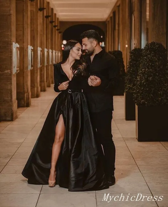 Burgundy Long Sleeves Prom Dresses 2025 with Pocket V Neck Evening Dresses