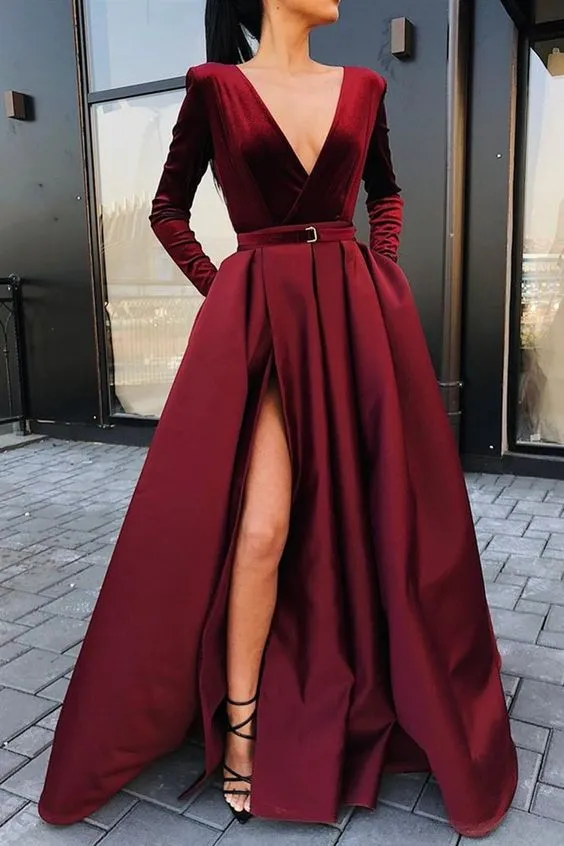 Burgundy Long Sleeves Prom Dresses 2025 with Pocket V Neck Evening Dresses