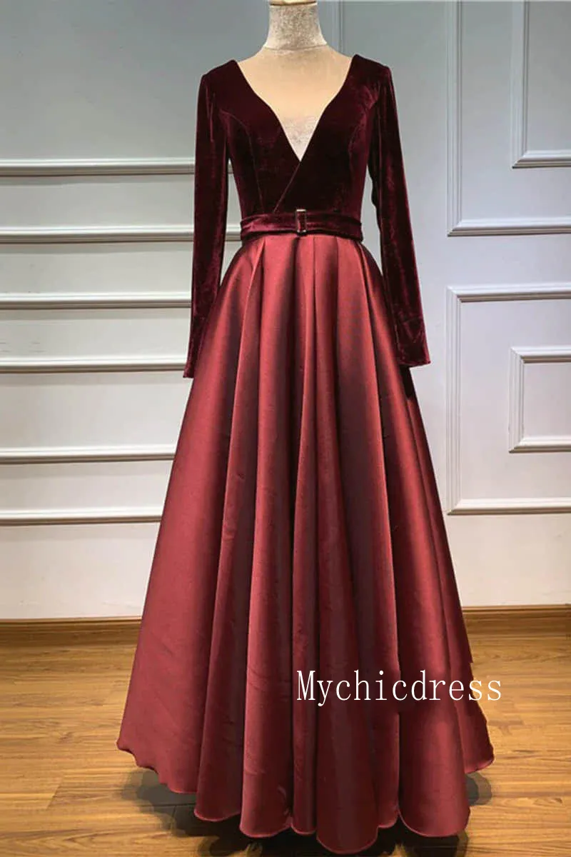 Burgundy Long Sleeves Prom Dresses 2025 with Pocket V Neck Evening Dresses