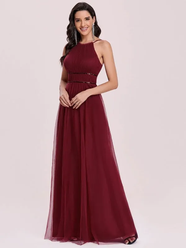 Burgundy Prom Dress A-Line Halter Tulle Sleeveless Sash Long Party Dresses