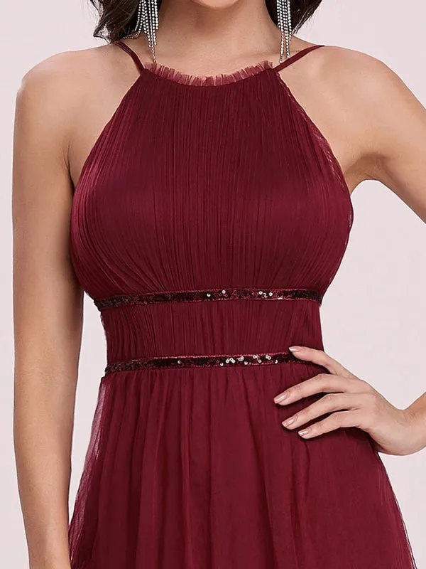 Burgundy Prom Dress A-Line Halter Tulle Sleeveless Sash Long Party Dresses