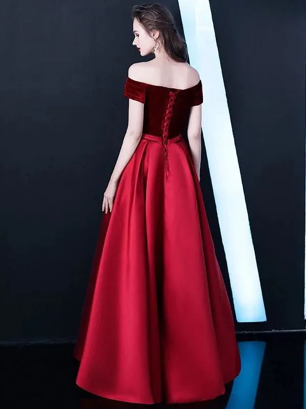 Burgundy Prom Dresses Off The Shoulder Velvet Satin Formal Dress Notched Neck Floor Length Evening Gowns