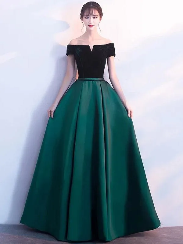 Burgundy Prom Dresses Off The Shoulder Velvet Satin Formal Dress Notched Neck Floor Length Evening Gowns