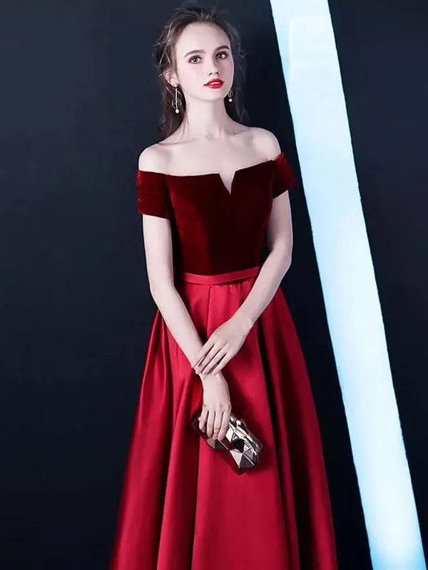 Burgundy Prom Dresses Off The Shoulder Velvet Satin Formal Dress Notched Neck Floor Length Evening Gowns