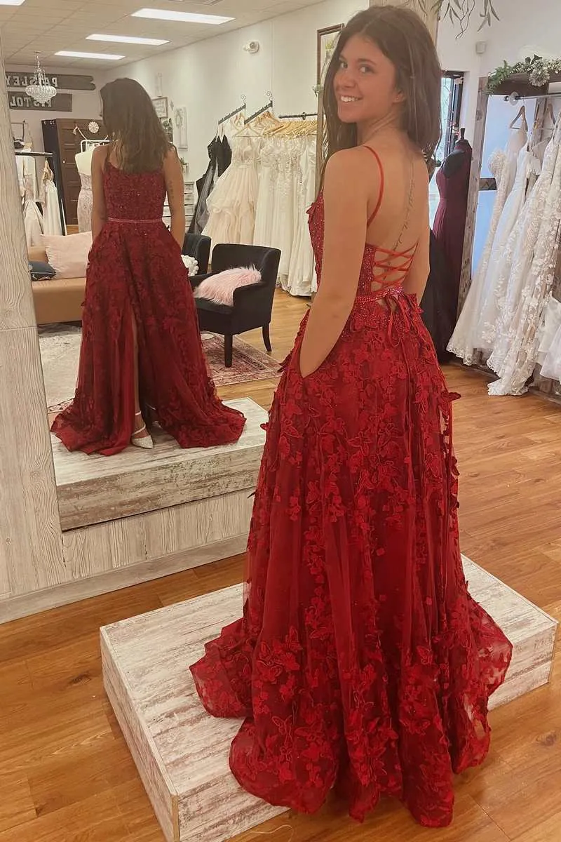 Burgundy Square Neck A-Line Prom Dresses Lace Appliques Formal Gown with Slit