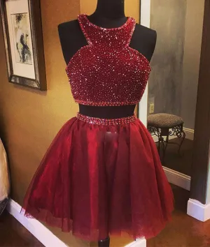 burgundy two pieces sequin short prom dress, burgundy homecoming dress