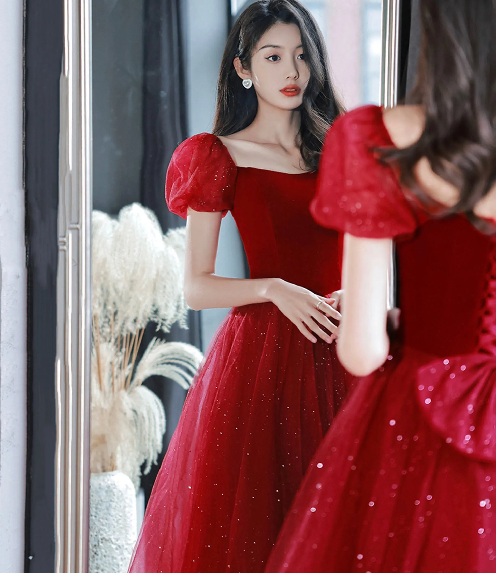 Burgundy velvet tulle short prom Dresses homecoming Dresses