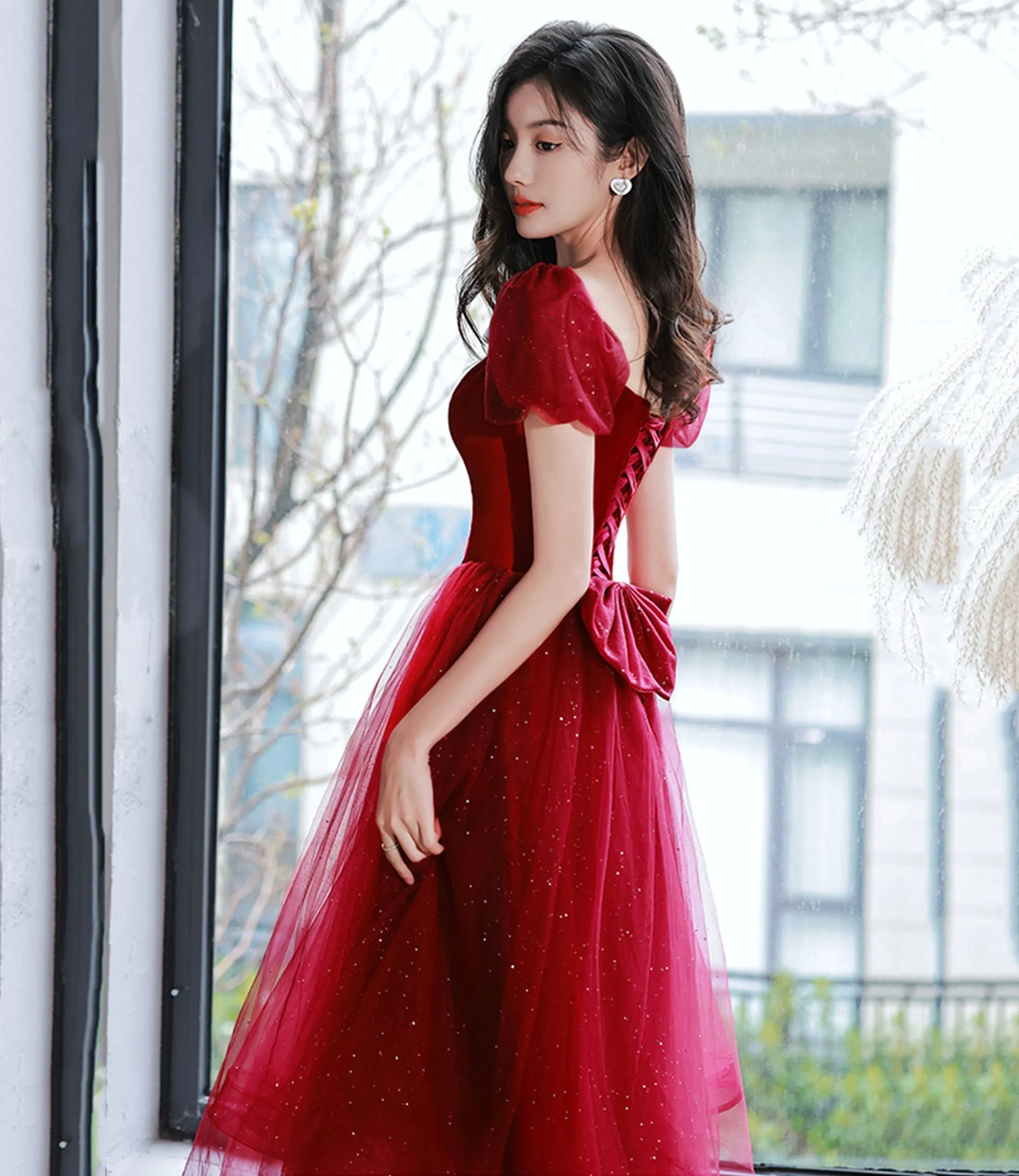 Burgundy velvet tulle short prom Dresses homecoming Dresses