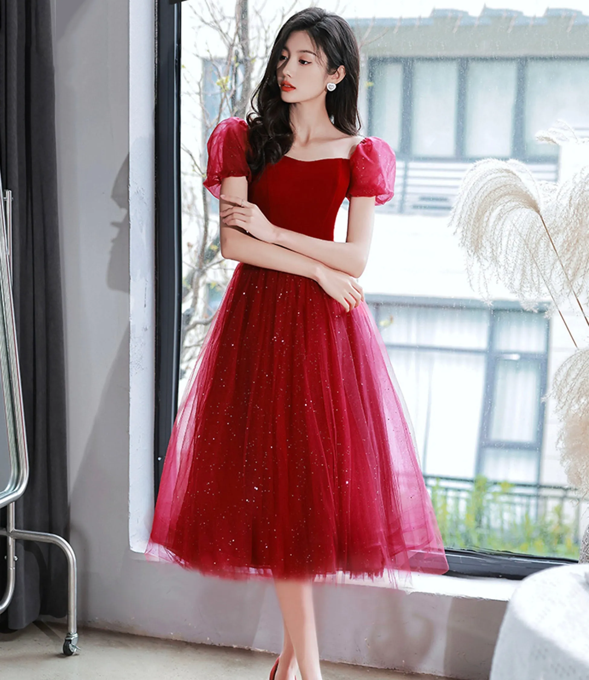 Burgundy velvet tulle short prom Dresses homecoming Dresses