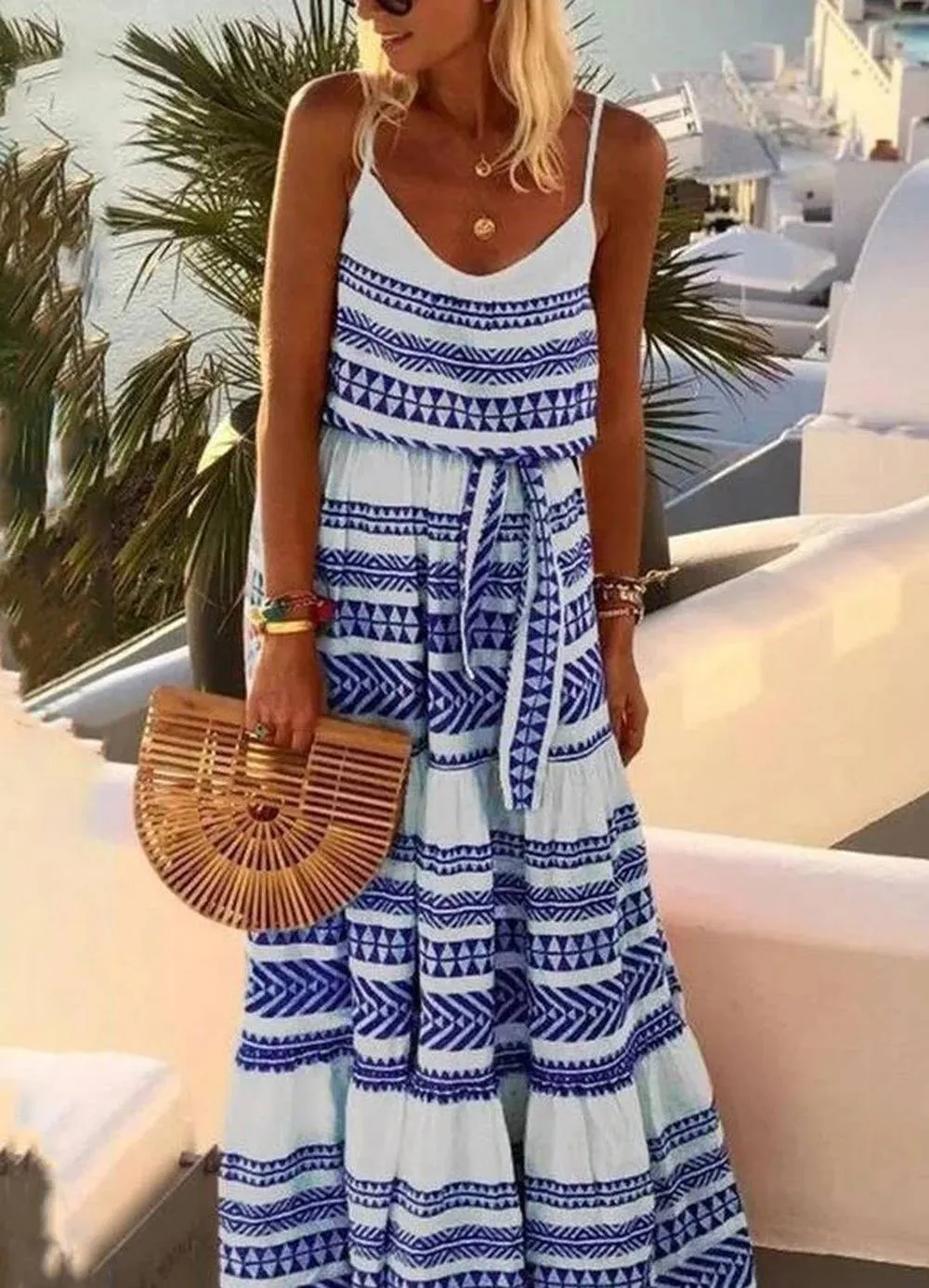 Cami - Strapless V-neck dress with bohemian geometric print